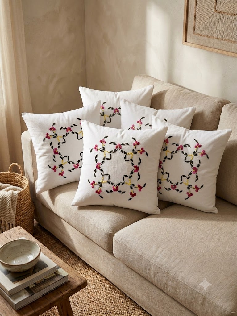 Hand Embroidered Cotton Cushion Covers (Set of 5)