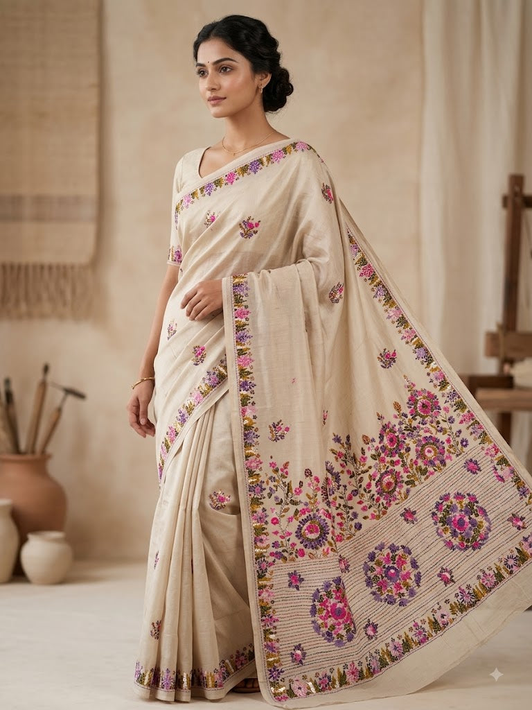 Premium Handcrafted Bullion Stitch Work Chanderi Saree with Blouse Piece