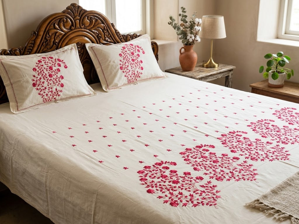 Premium Designer Embroidered Satin Cotton Bedsheet Set