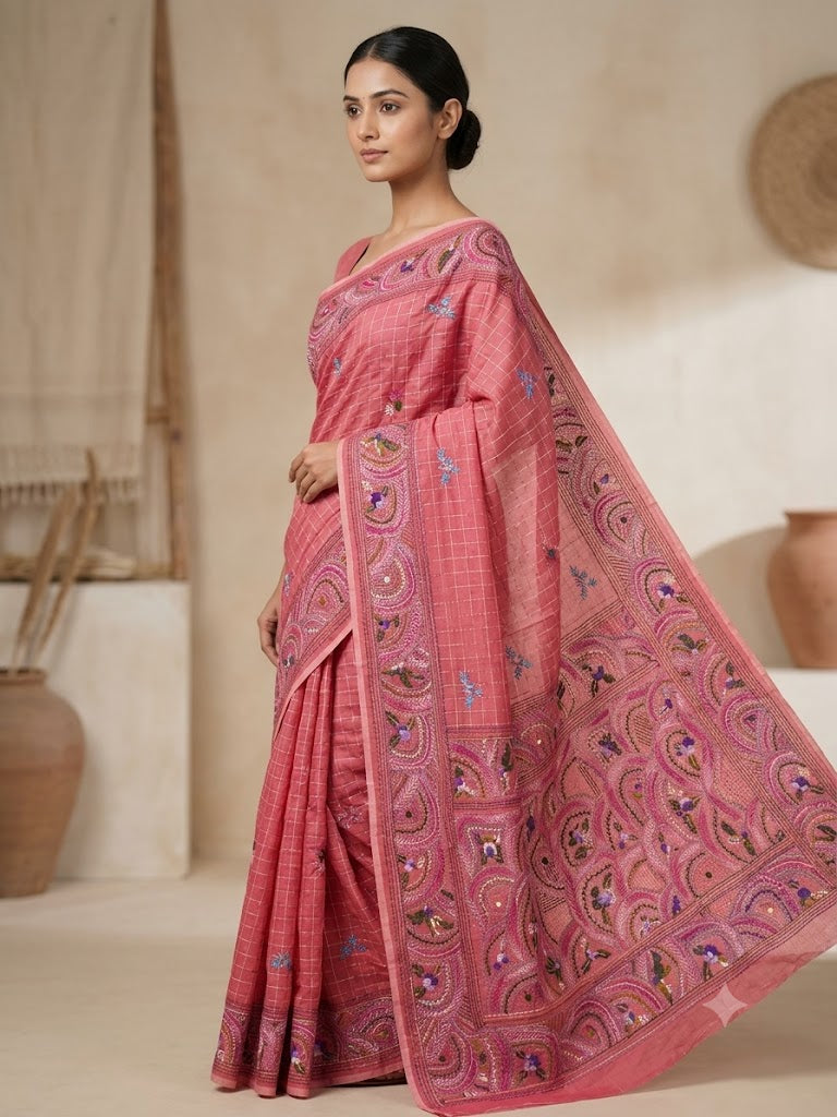 Premium Handcrafted Bullion Stitch Work Chanderi Saree with Blouse Piece