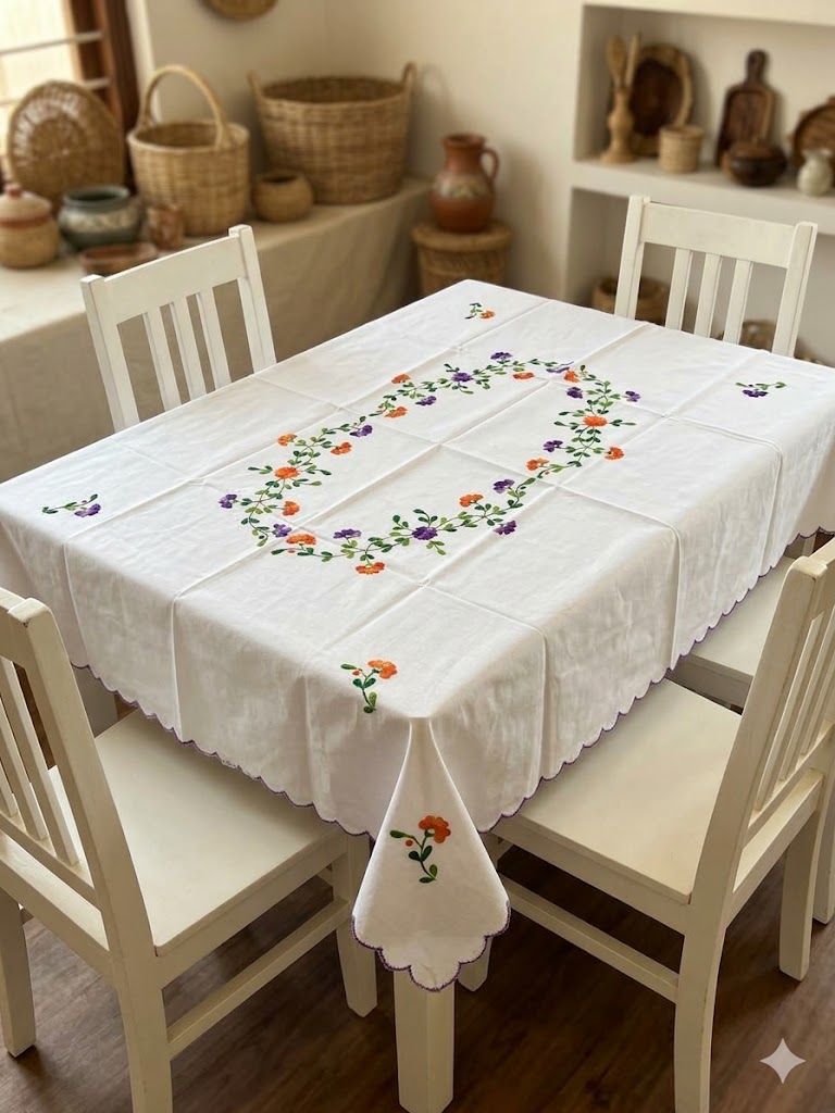 Hand Embroidered Four Seater Floral Table Cover