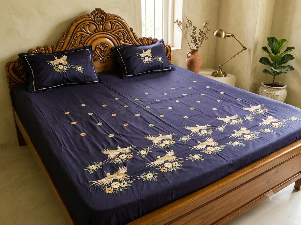 Premium Designer Embroidered Satin Cotton Bedsheet Set