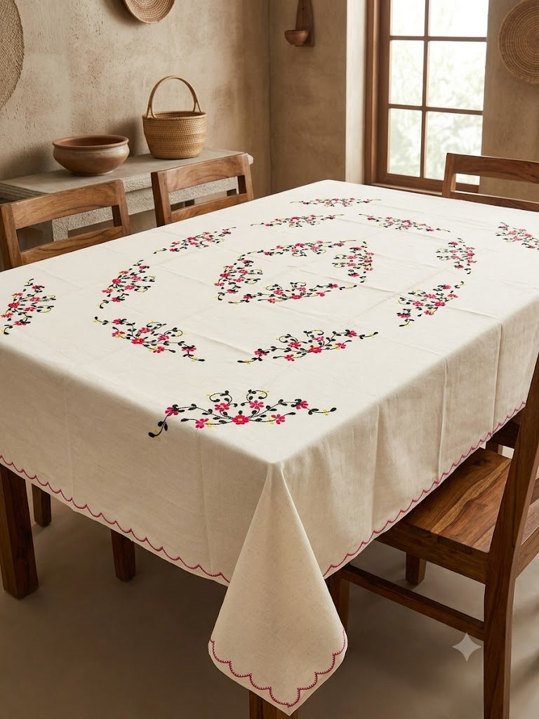 Hand Embroidered Floral Six Seater Table Cover