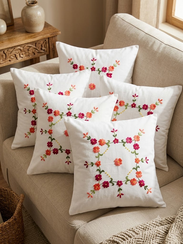 Hand Embroidered Cotton Cushion Covers (Set of 5)