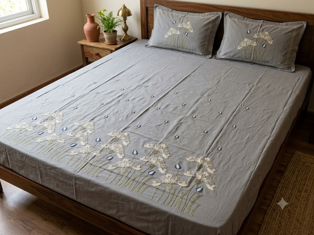 Premium Designer Embroidered Satin Cotton Bedsheet Set