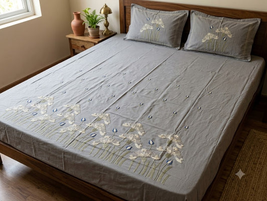 Premium Designer Embroidered Satin Cotton Bedsheet Set