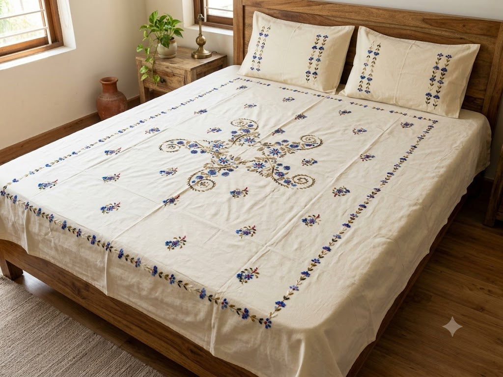 Title Chikonwala's Hand Embroidered Floral Design Bedsheet