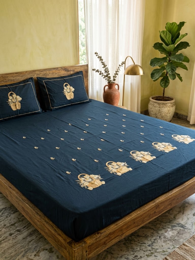 Premium Designer Embroidered Satin Cotton Bedsheet Set