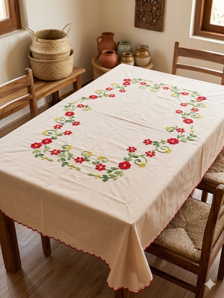 Hand Embroidered Floral Table Cover