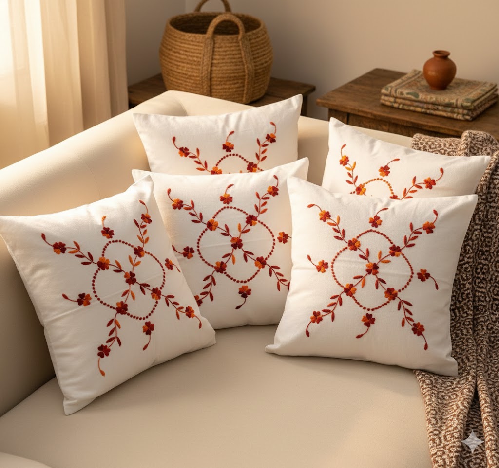 Hand Embroidered Cotton Cushion Covers (Set of 5)