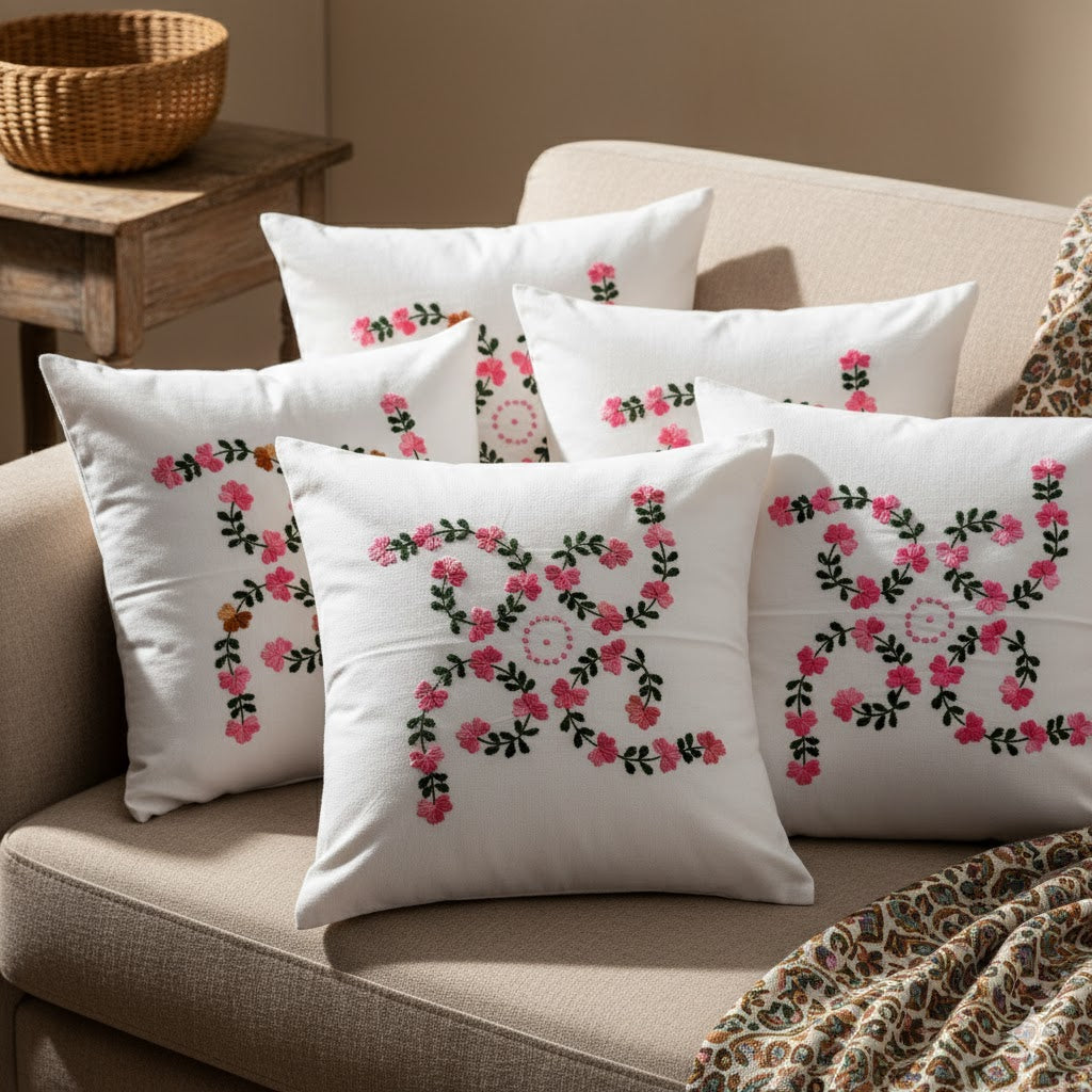 Hand Embroidered Cotton Cushion Covers (Set of 5)