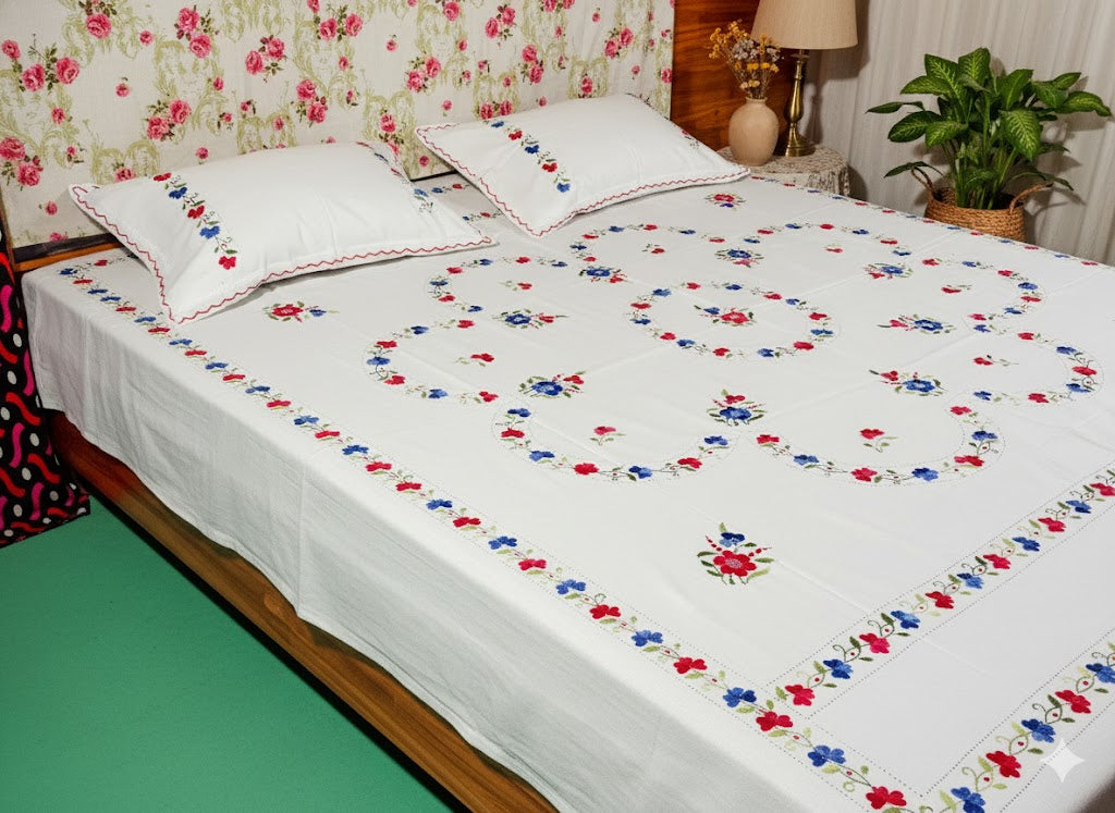 Chikonwala's Floral Embroidered Cotton Beading  Bedsheet
