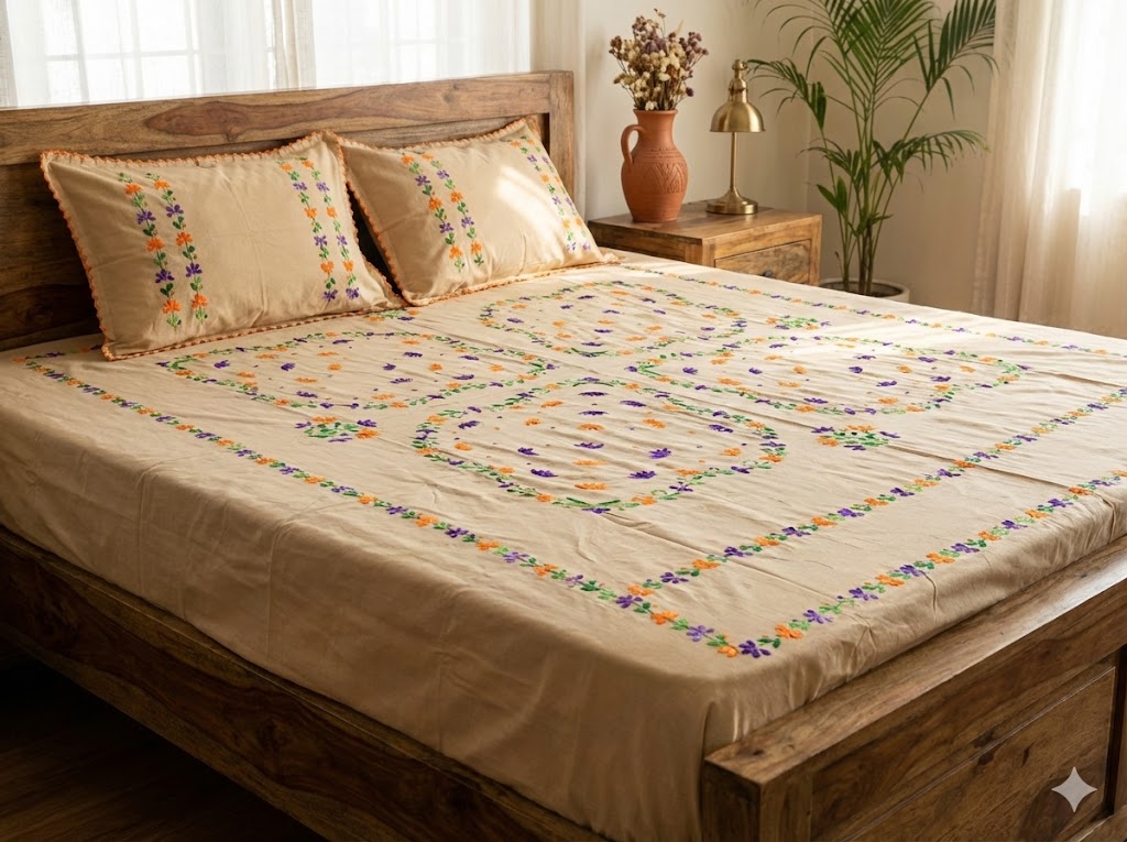 Chikonwala's Hand Embroidered Floral Design Bedsheet