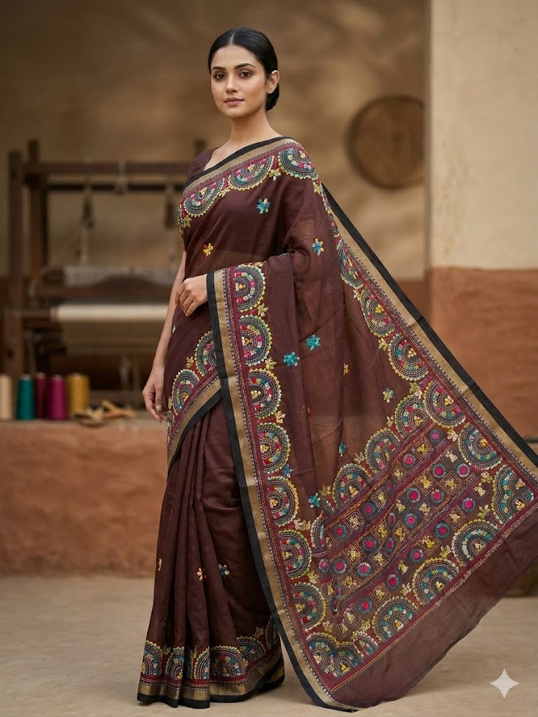 Premium Handcrafted Bullion Stitch Work Chanderi Saree with Blouse Piece