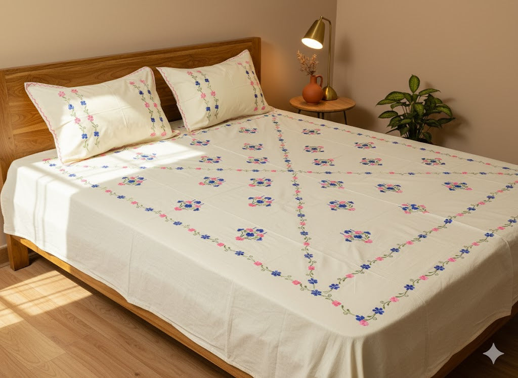 Chikonwala's Hand Embroidered Floral Design Bedsheet