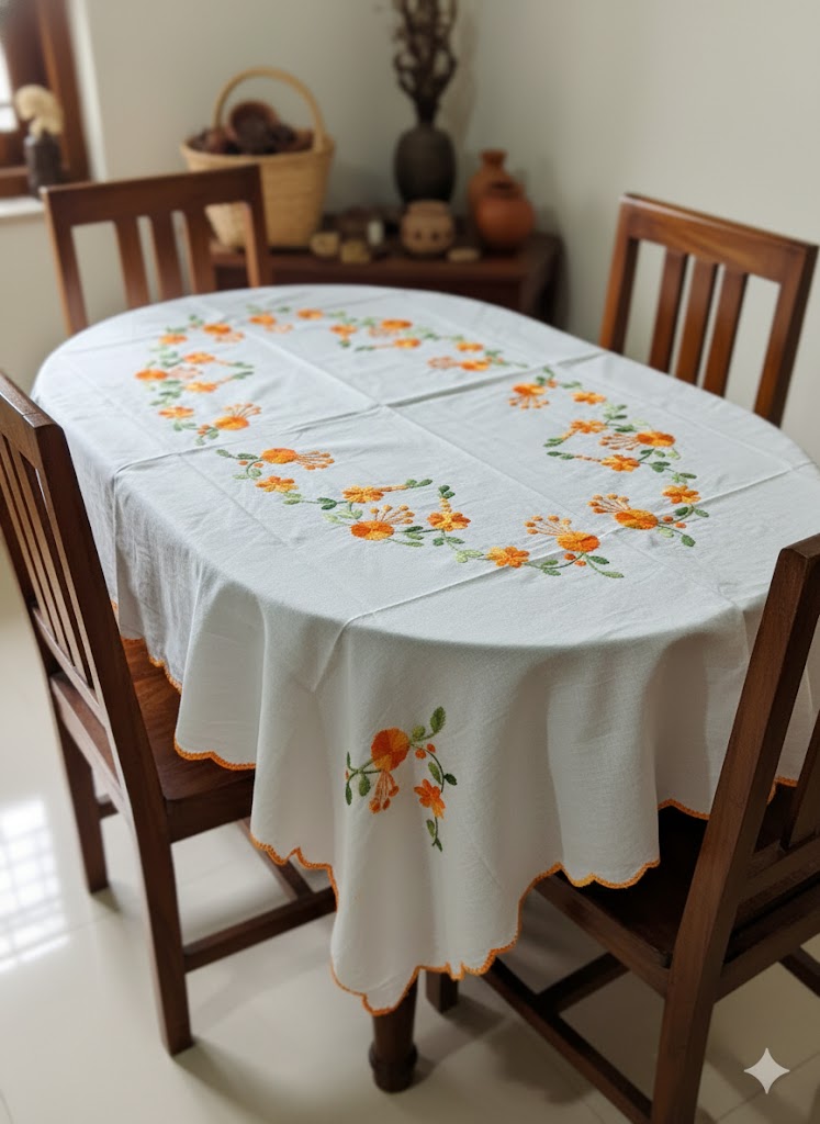Hand Embroidered Floral Four Seater Table Cover