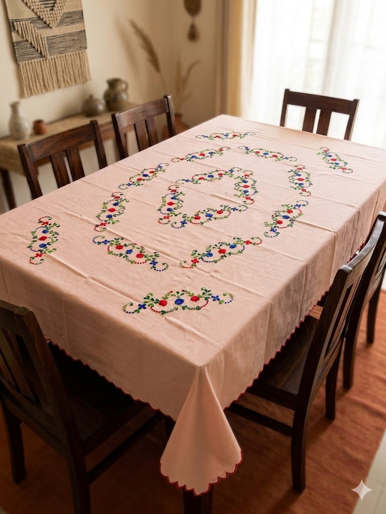 Hand Embroidered Floral Table Cover