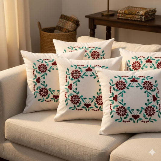 Hand Embroidered Cotton Cushion Covers (Set of 5)