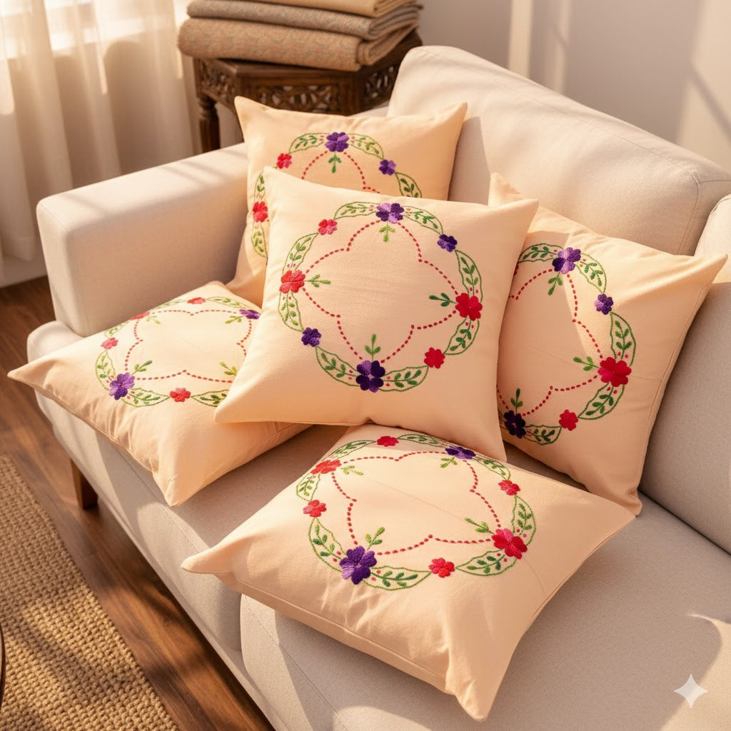 Hand Embroidered Cotton Cushion Covers (Set of 5)