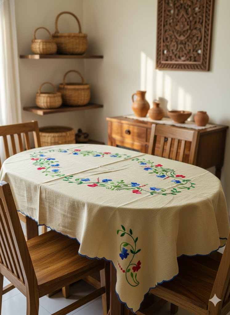 Hand Embroidered Floral Table Cover