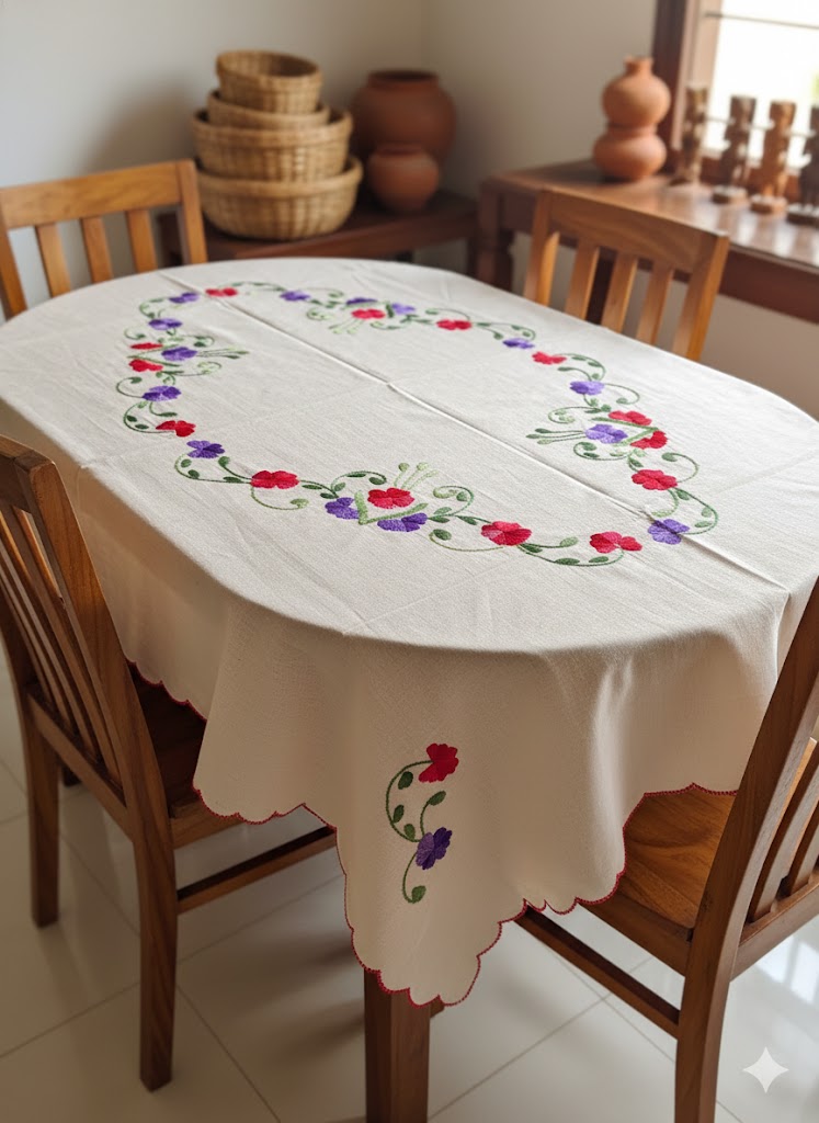 Hand Embroidered Floral Table Cover