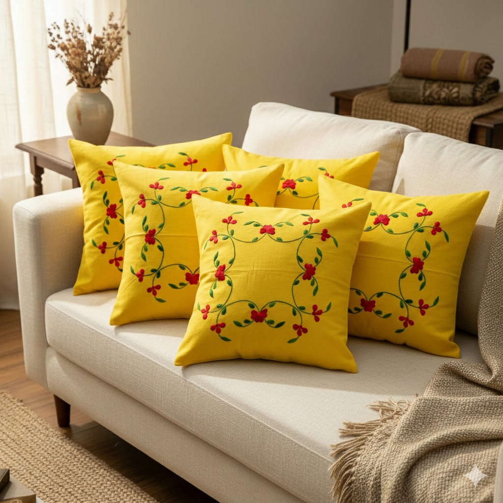 Hand Embroidered Cotton Cushion Covers (Set of 5)