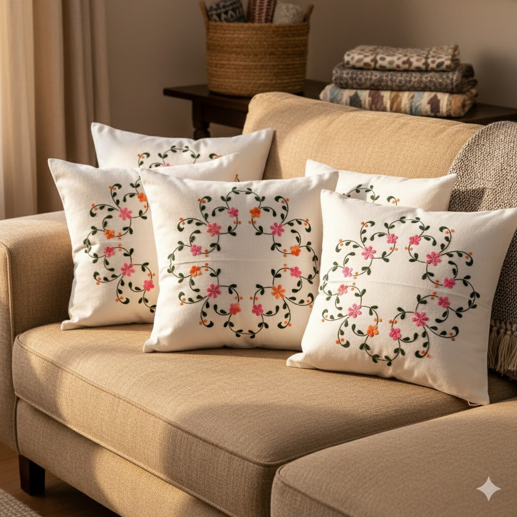 Hand Embroidered Cotton Cushion Covers (Set of 5)