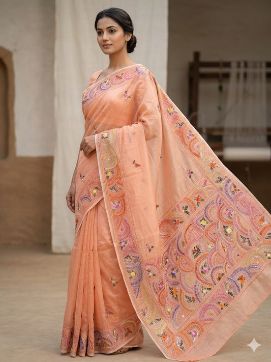 Premium Handcrafted Bullion Stitch Work Chanderi Saree with Blouse Piece
