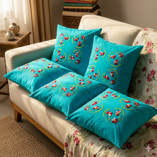 Hand Embroidered Cotton Cushion Covers (Set of 5)