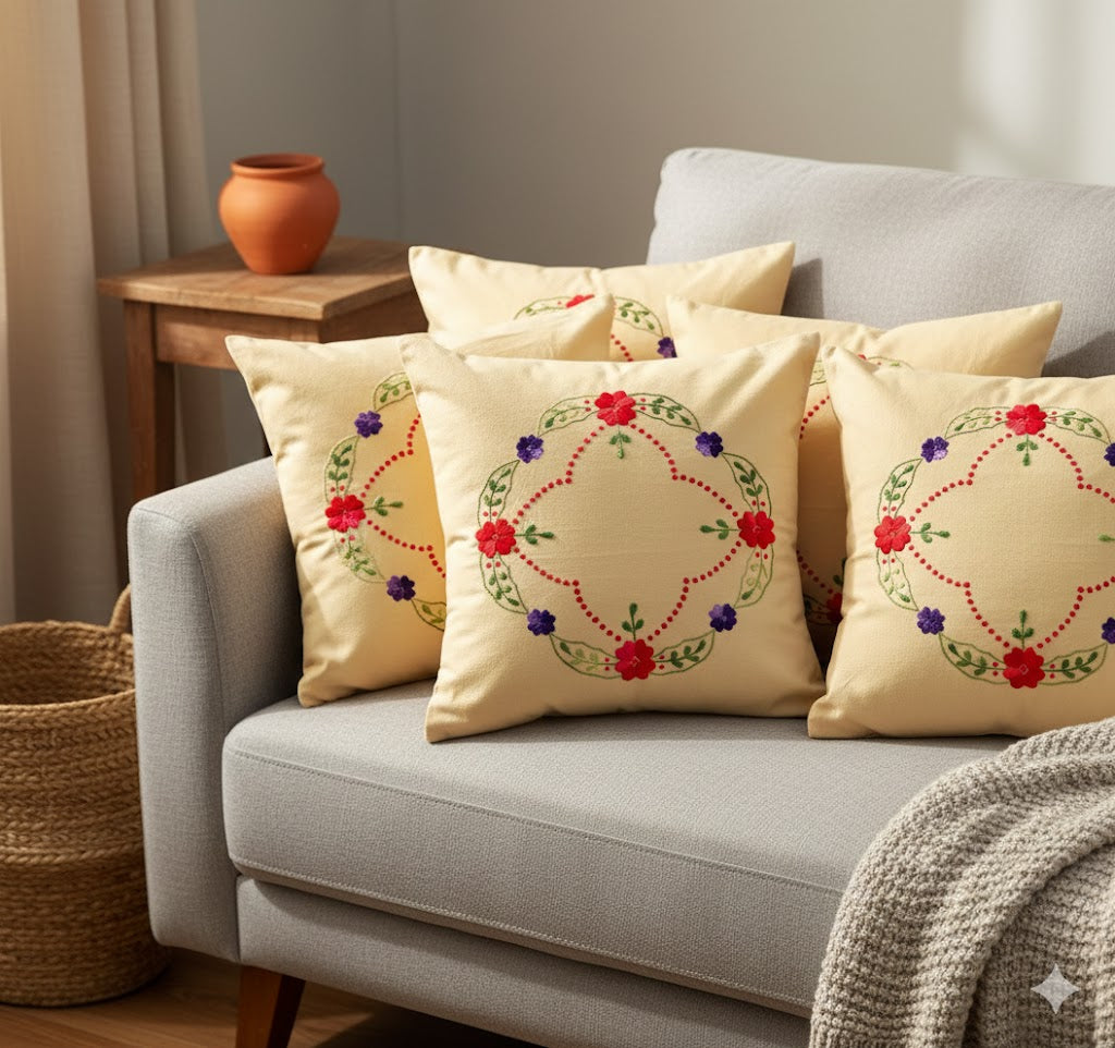 Hand Embroidered Cotton Cushion Covers (Set of 5)