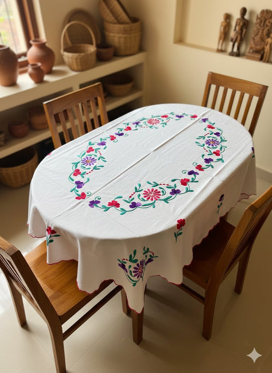 Hand Embroidered Floral Four Seater Table Cover