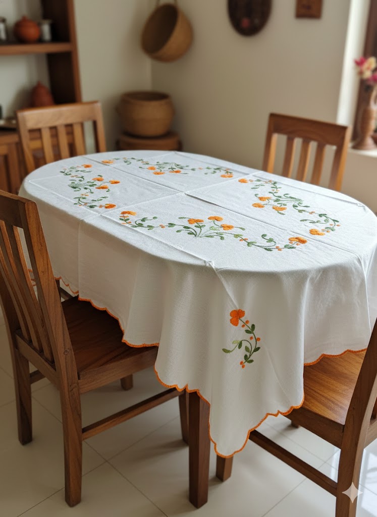 Hand Embroidered Floral Four Seater Table Cover