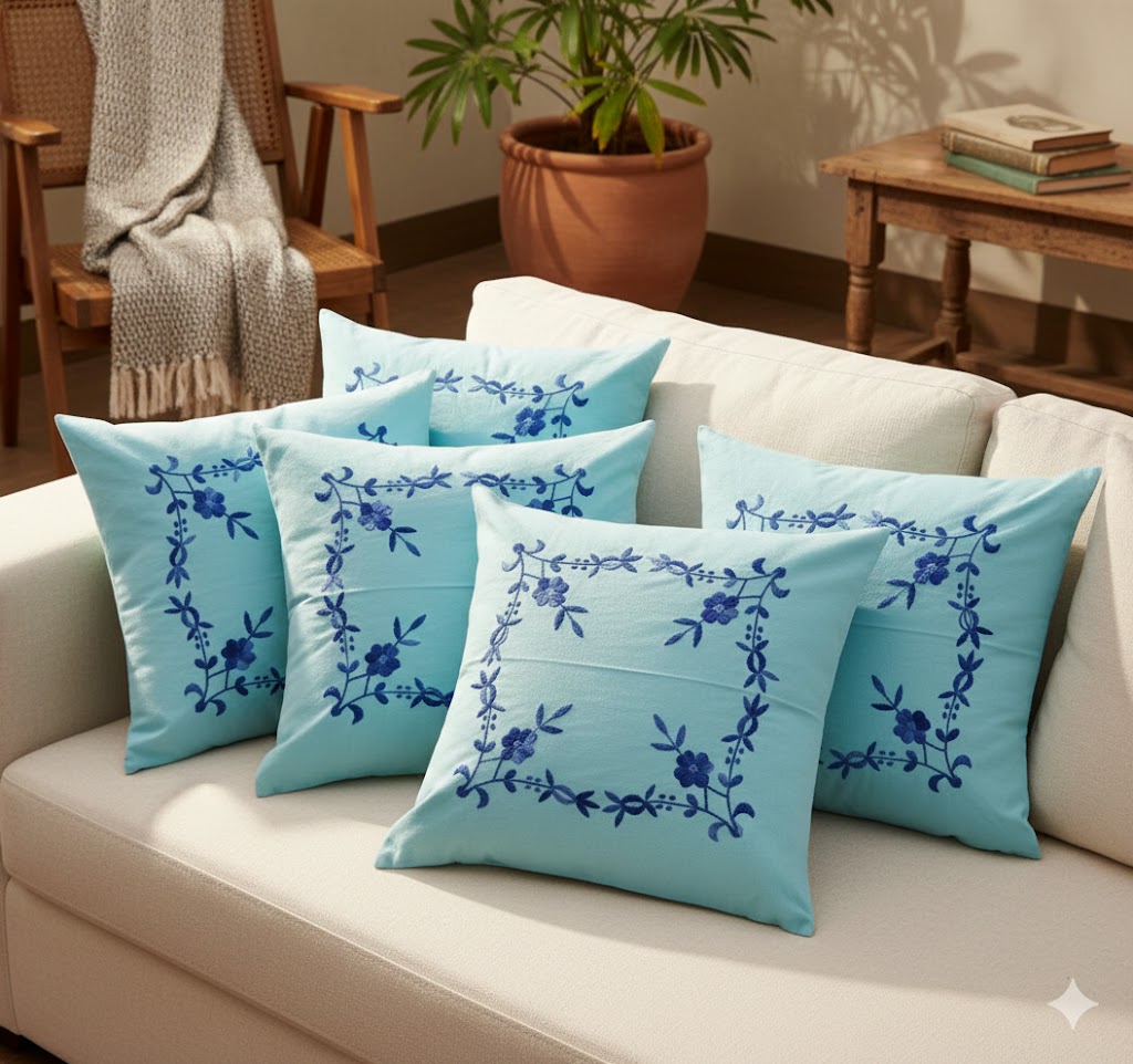 Hand Embroidered Cotton Cushion Covers (Set of 5)