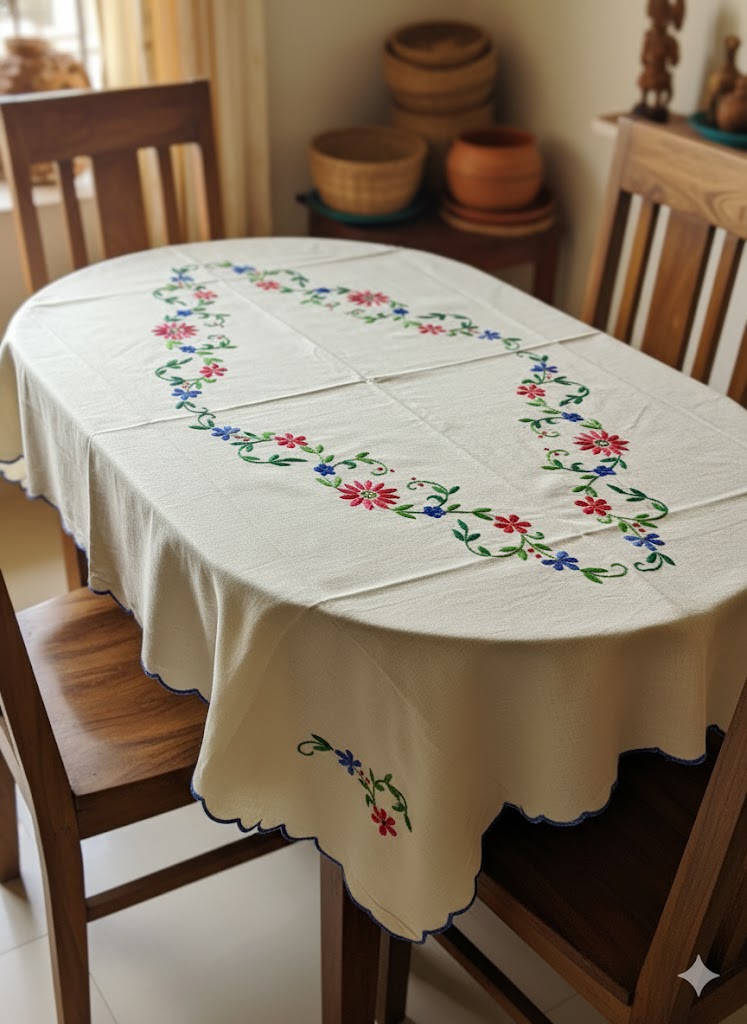 Hand Embroidered Floral Table Cover