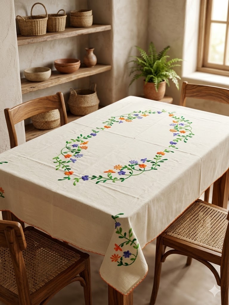 Hand Embroidered Floral Table Cover