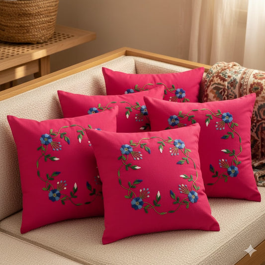 Hand Embroidered Cotton Cushion Covers (Set of 5)