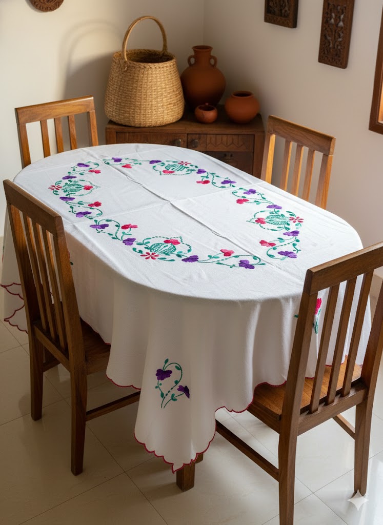 Hand Embroidered Floral Four Seater Table Cover