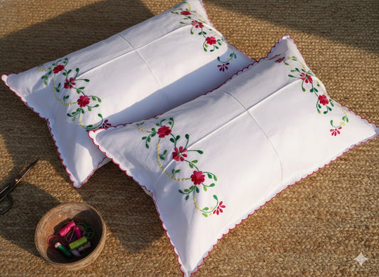 Chikonwala Hand-Embroidered Floral Pillow Cover Set– Set of 2