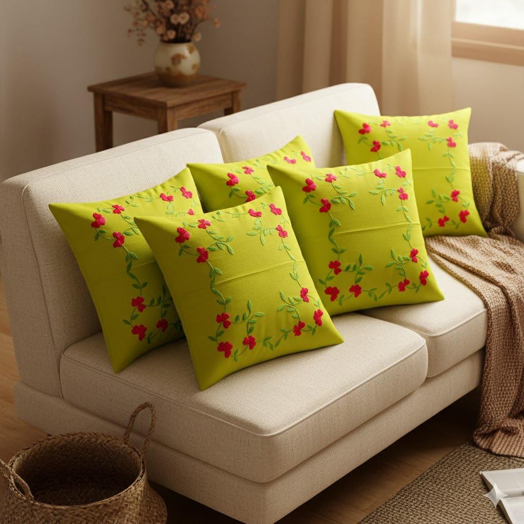 Hand Embroidered Cotton Cushion Covers (Set of 5)