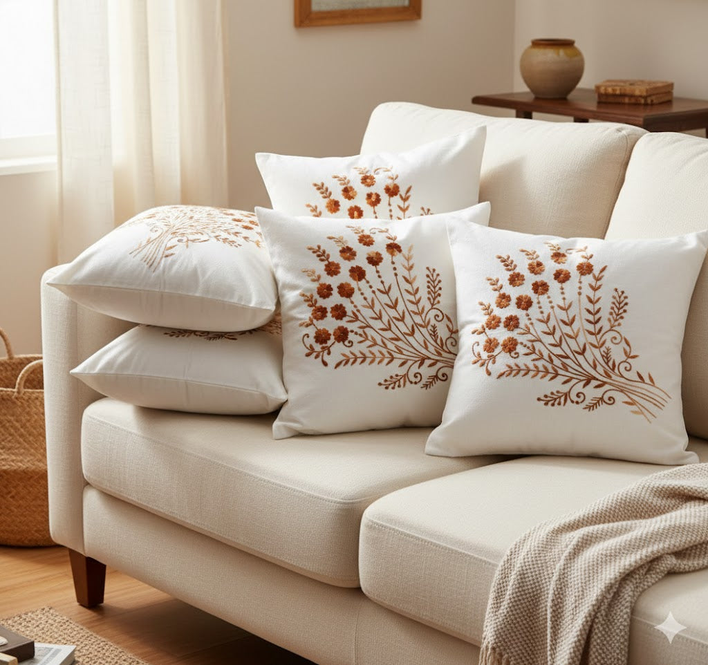 Hand Embroidered Cotton Cushion Covers (Set of 5)