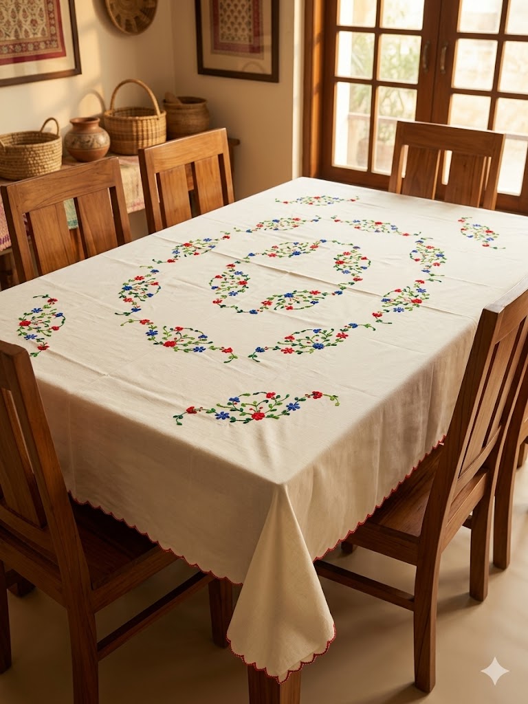 Hand Embroidered Floral Table Cover
