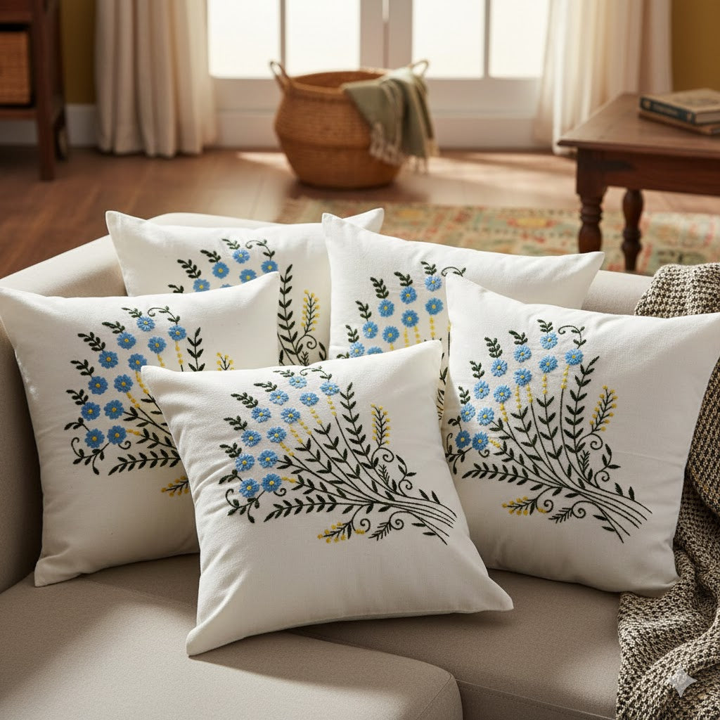 Hand Embroidered Cotton Cushion Covers (Set of 5)