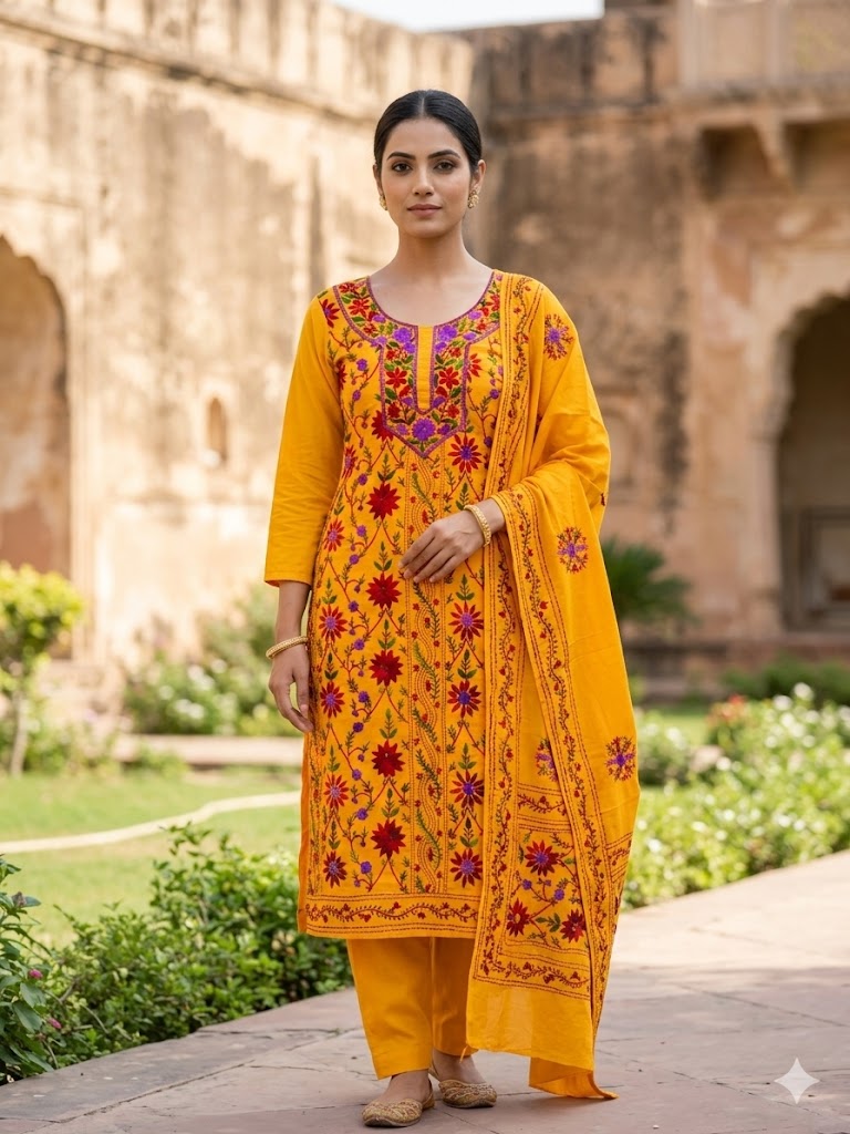 Chikonwala's Exclusive Hand Embroidered Fulkari Dress Material