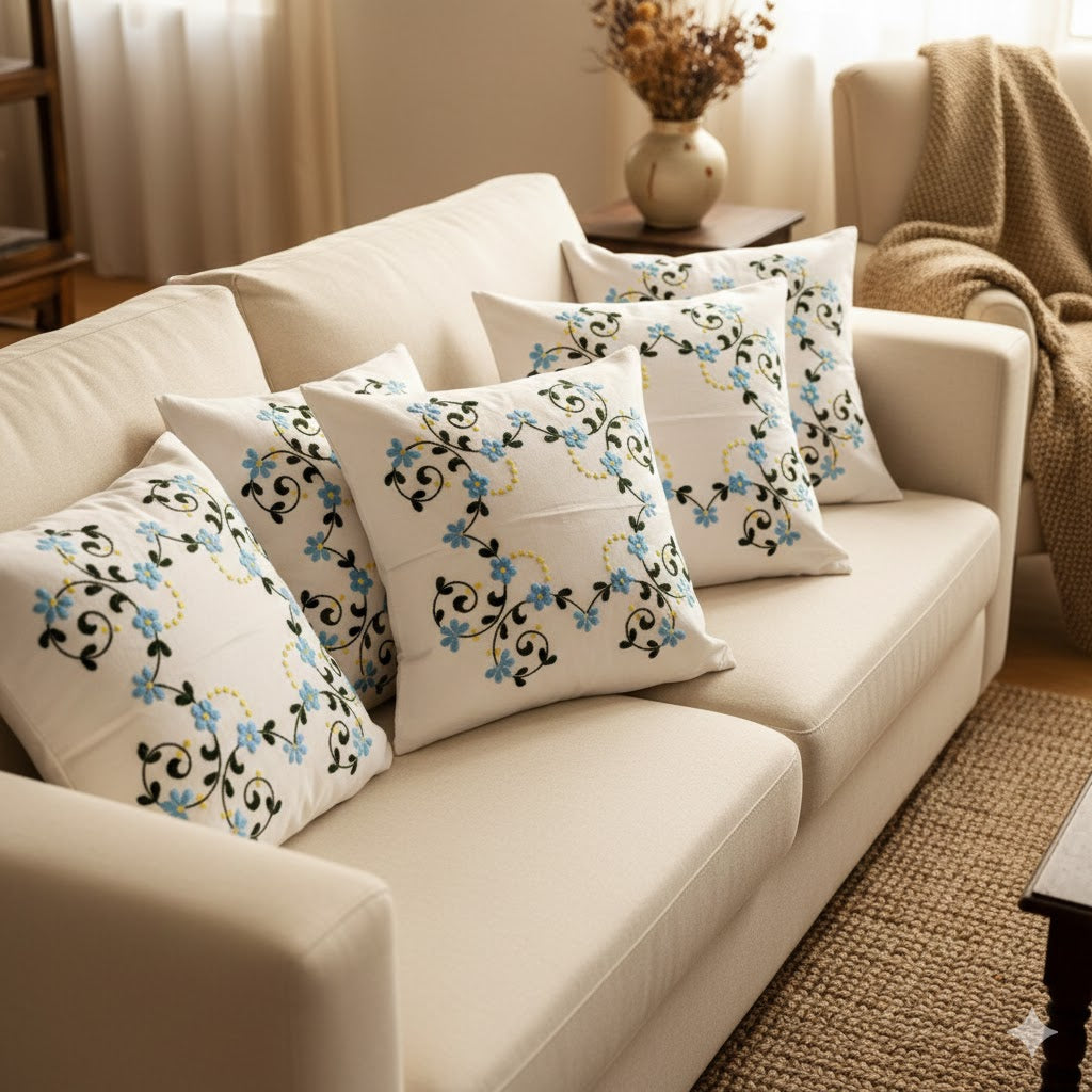 Hand Embroidered Cotton Cushion Covers (Set of 5)