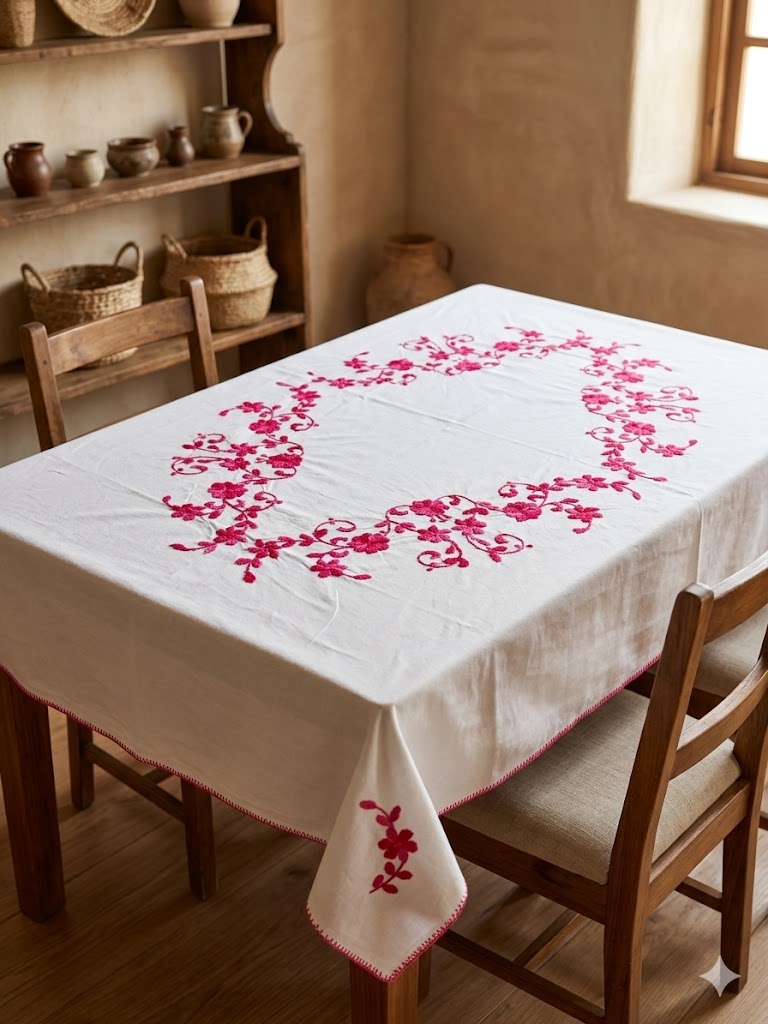 Hand Embroidered Floral Table Cover