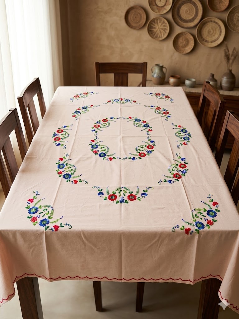 Hand Embroidered Floral Table Cover