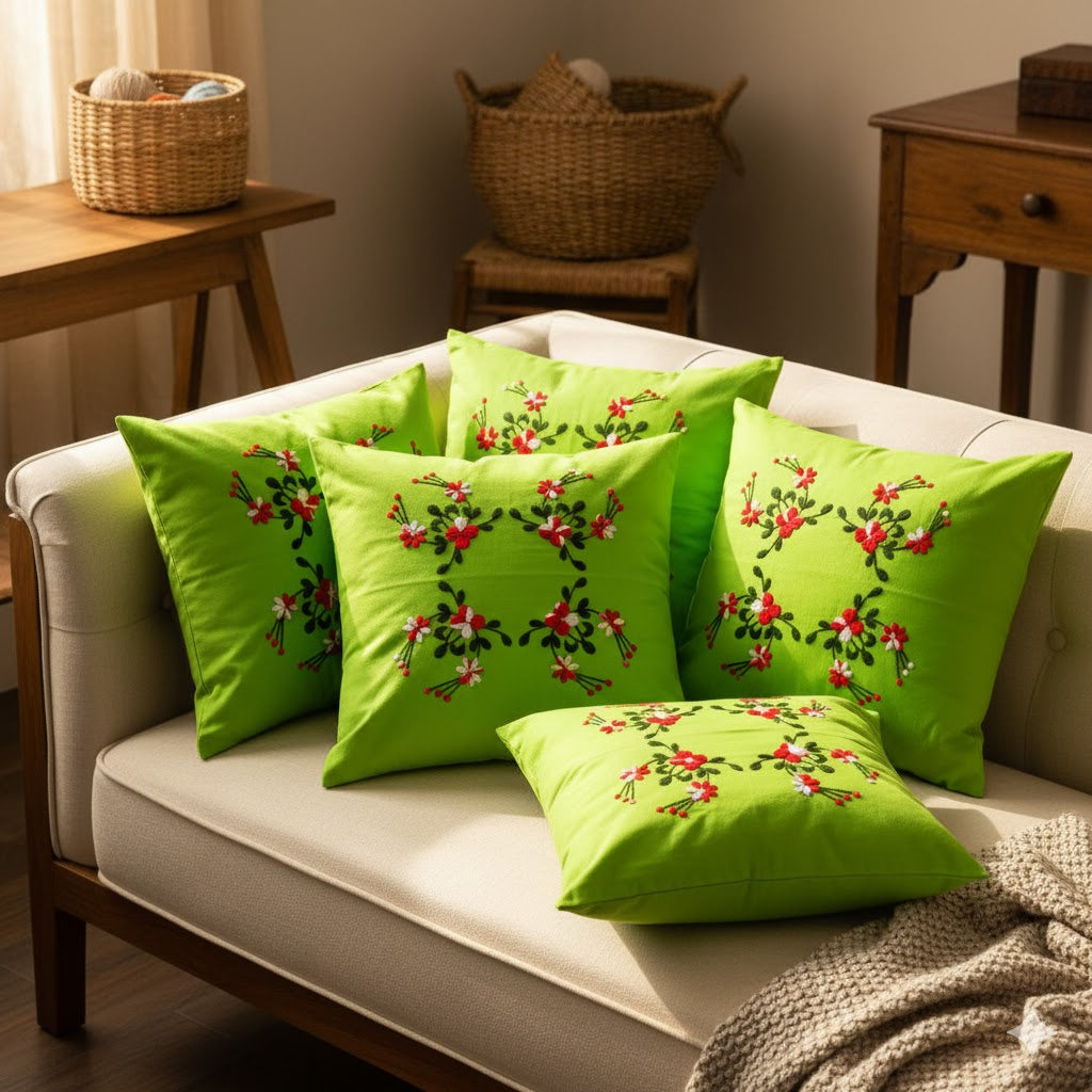 Hand Embroidered Cotton Cushion Covers (Set of 5)
