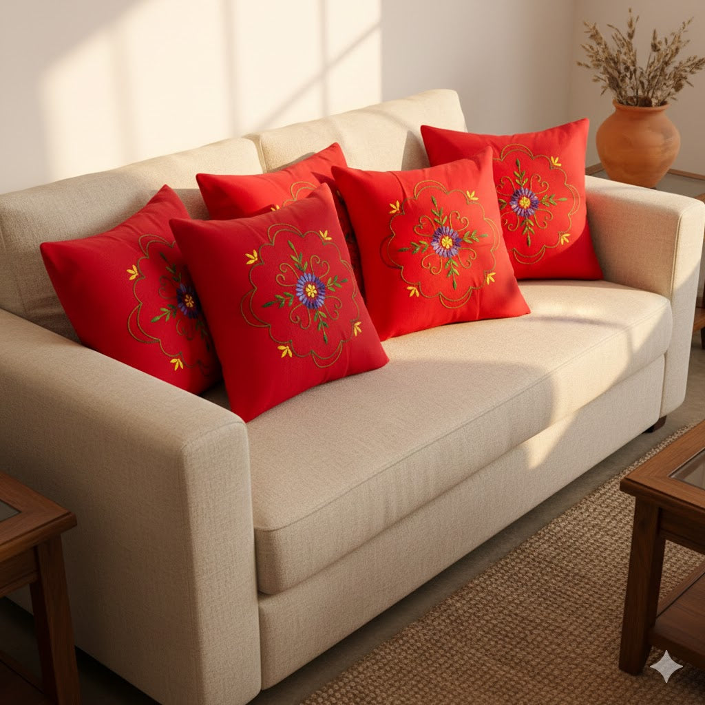 Hand Embroidered Cotton Cushion Covers (Set of 5)