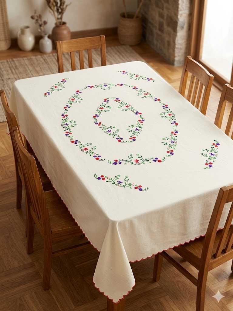 Hand Embroidered Floral Table Cover