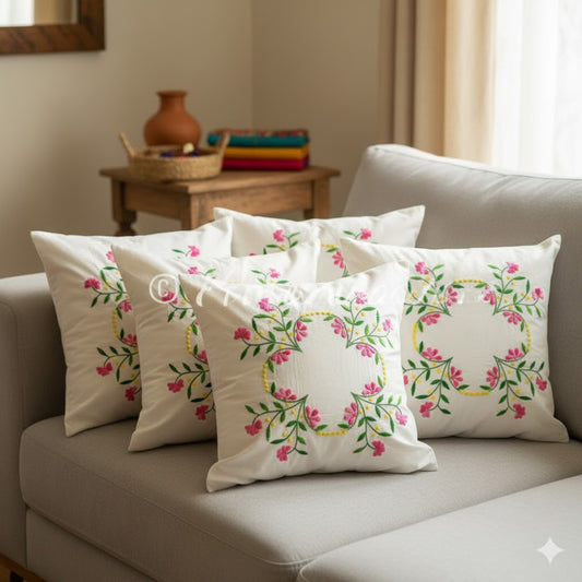 Hand Embroidered Cotton Cushion Covers (Set of 5)